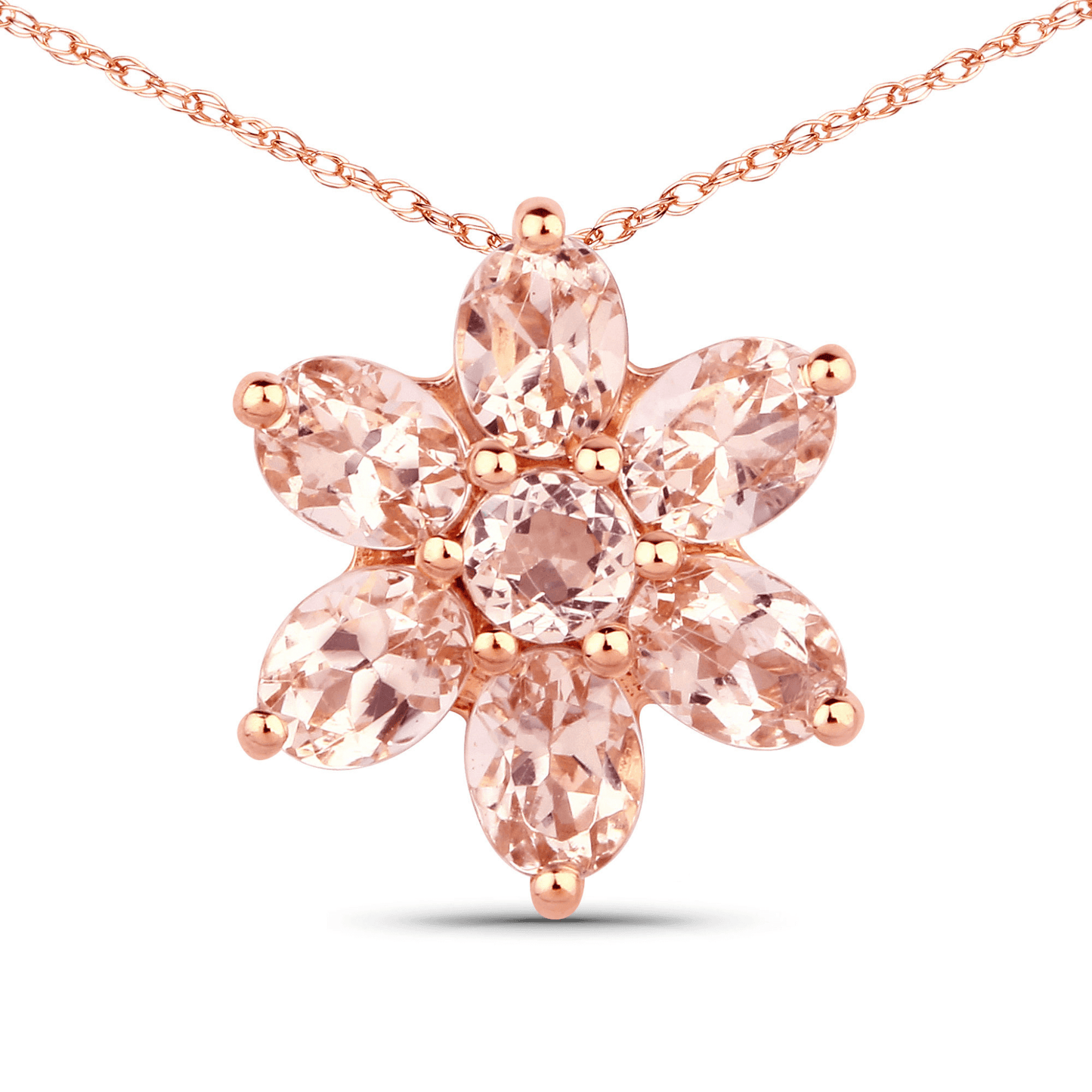 Rose gold flower-shaped pendant with pink gemstones on a white background