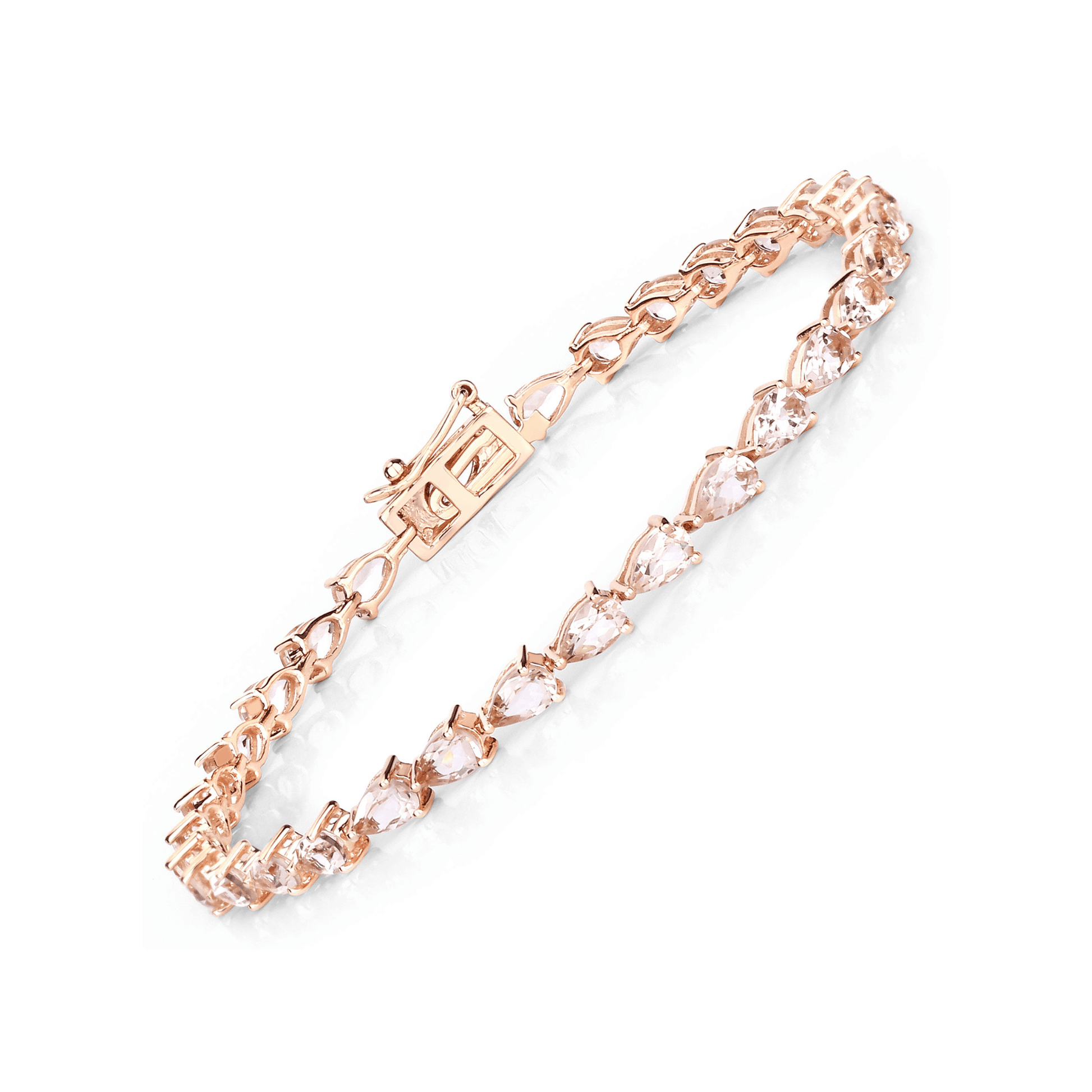 Rose gold bracelet with clear gemstones on a white background