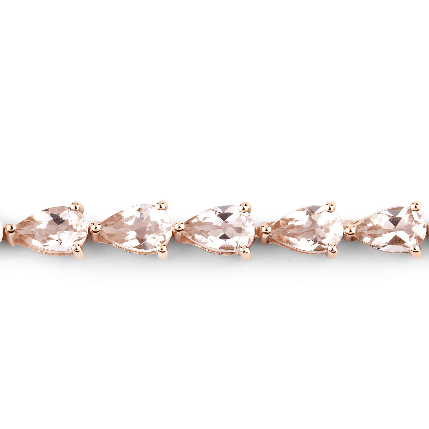 Rose gold bracelet with five pink gemstones on a white background