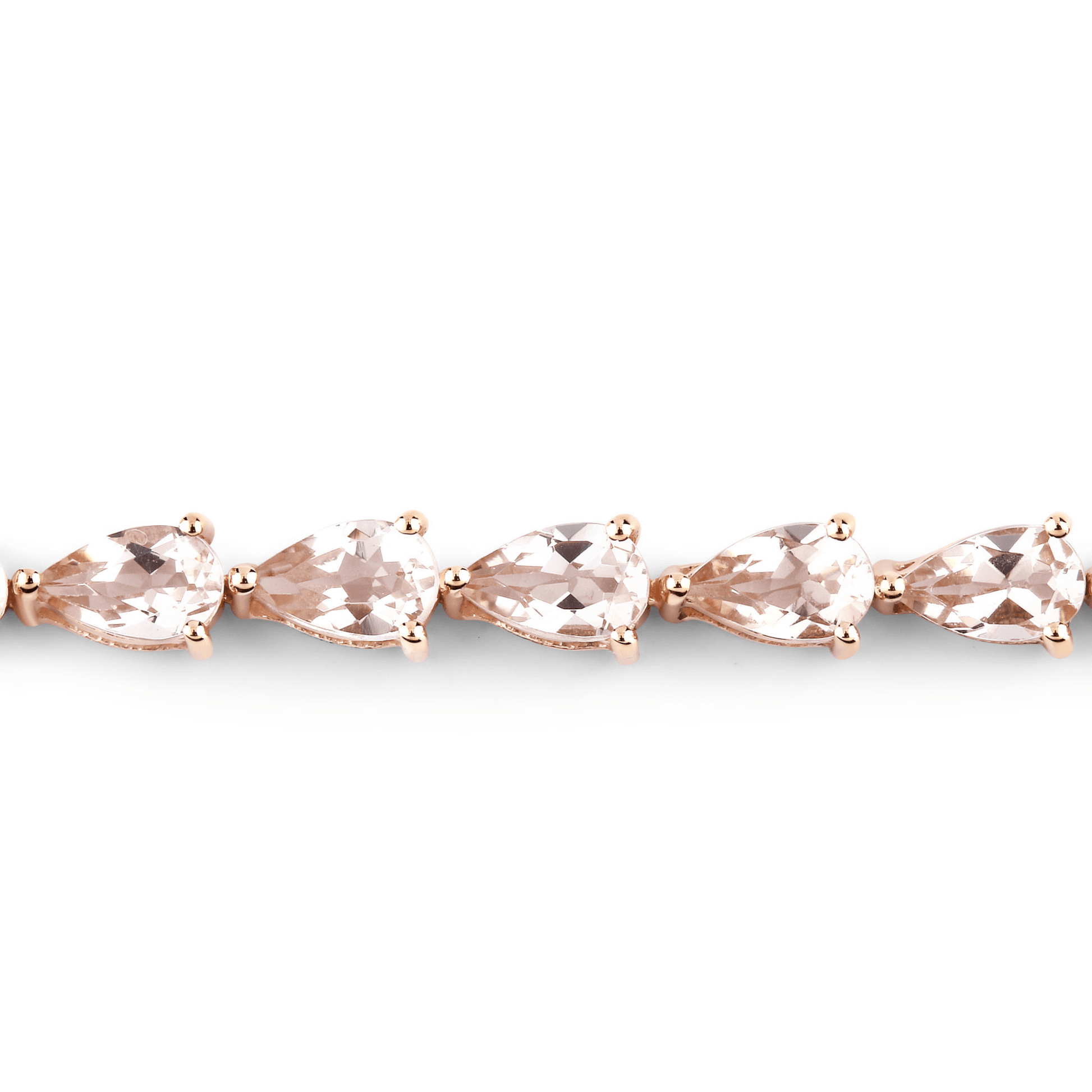 Rose gold bracelet with five pink gemstones on a white background