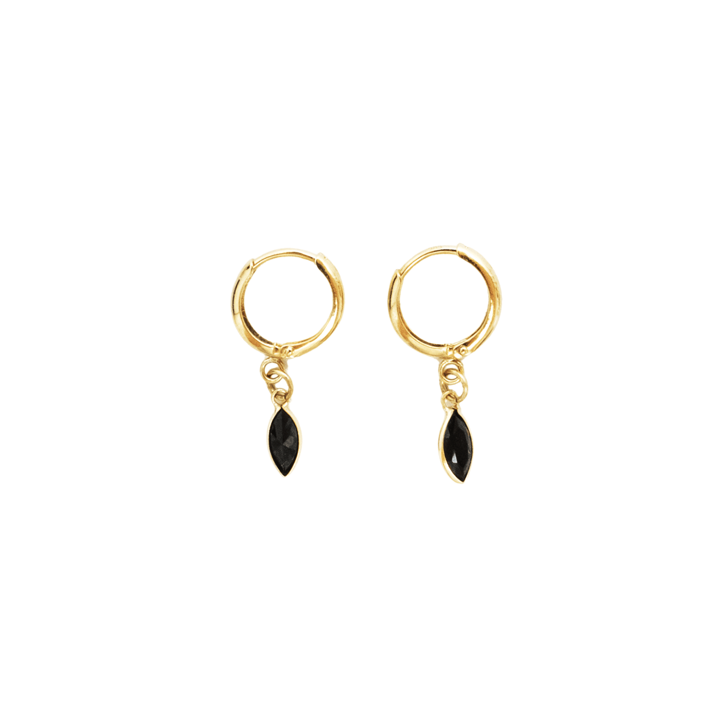 Gold hoop earrings with black teardrop charms on a white background