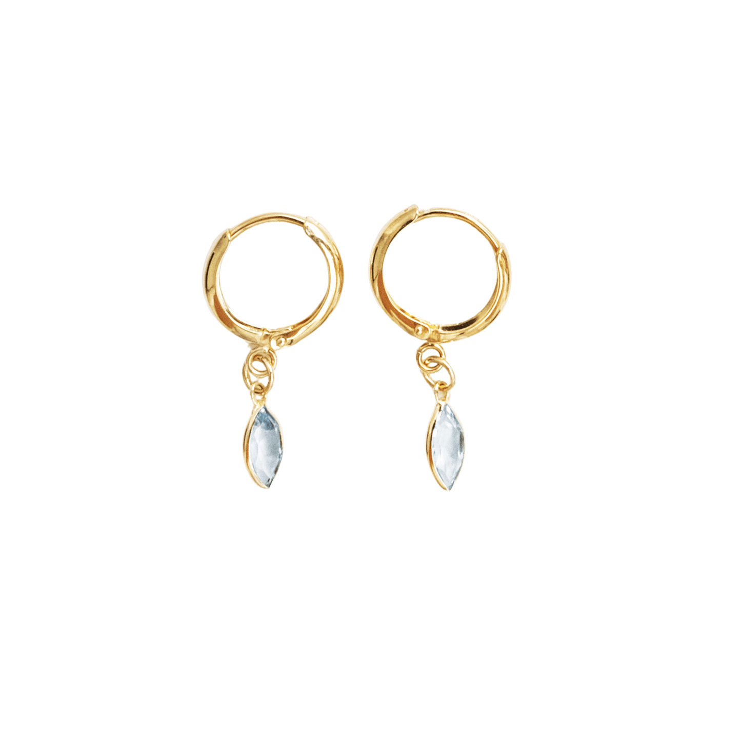 Gold hoop earrings with teardrop-shaped gemstones on a white background
