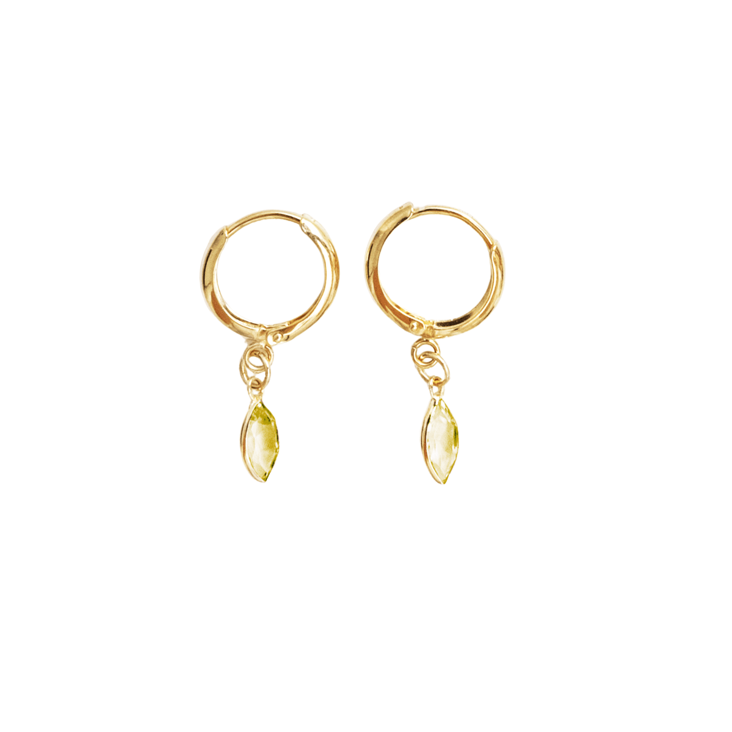 Gold hoop earrings with teardrop-shaped charms on a white background