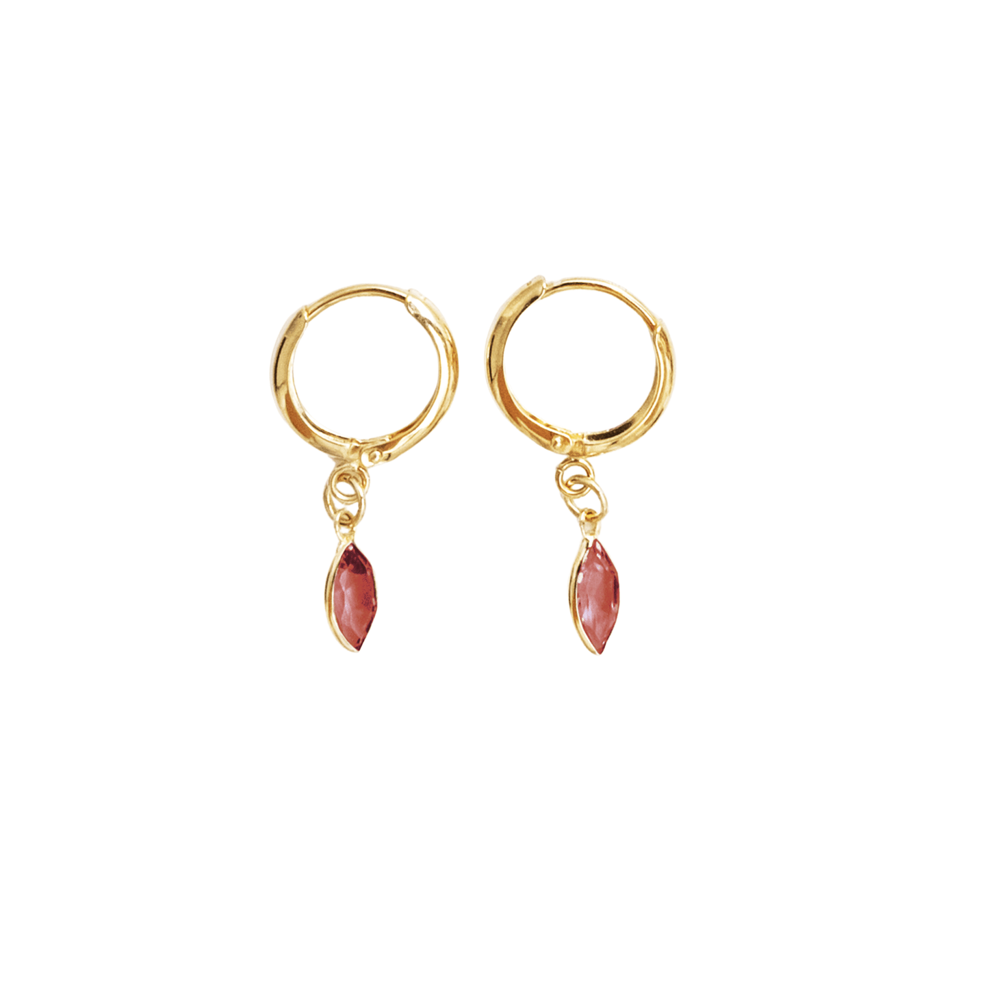 Gold hoop earrings with Garnet gemstones on a white background