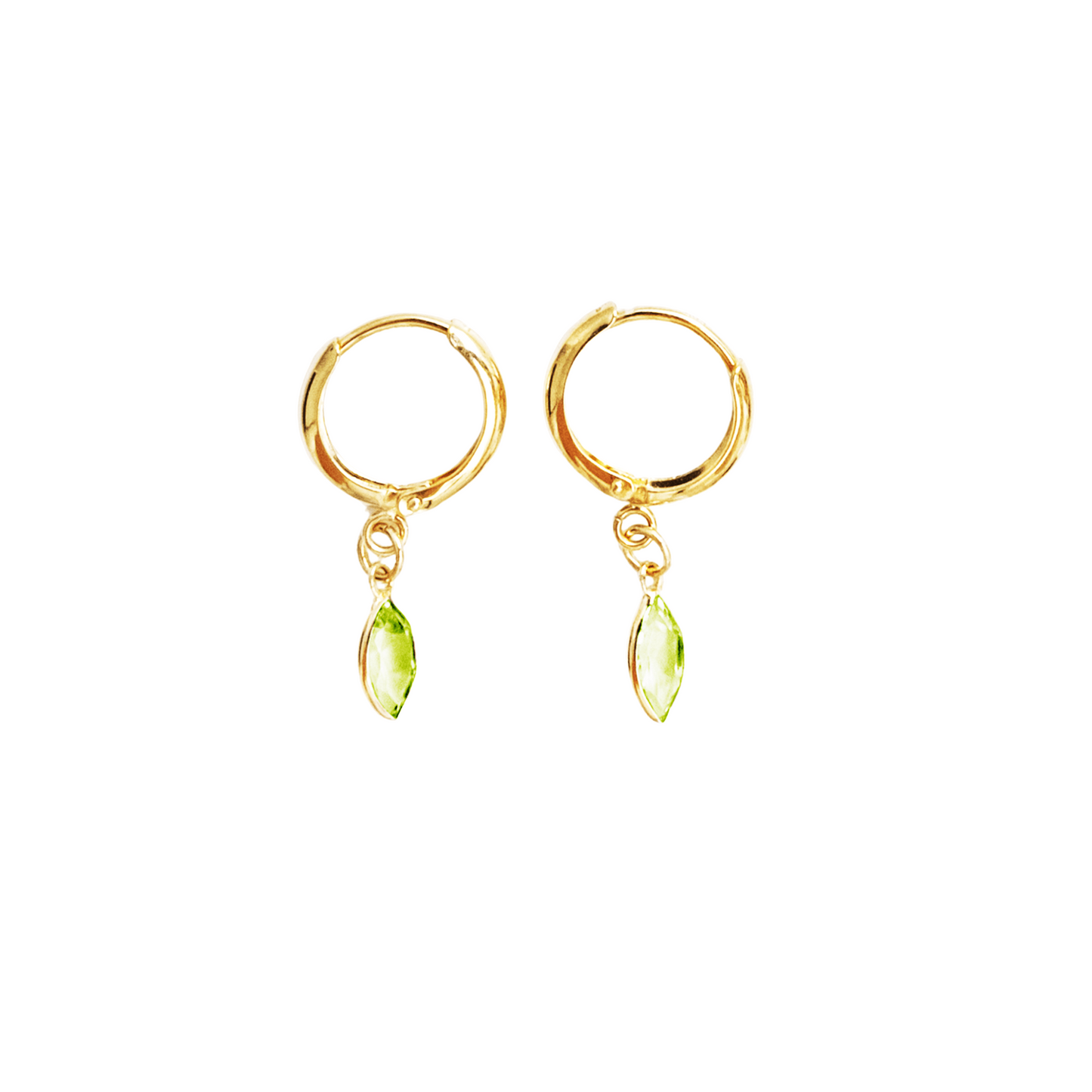 Gold hoop earrings with green gemstones on a white background