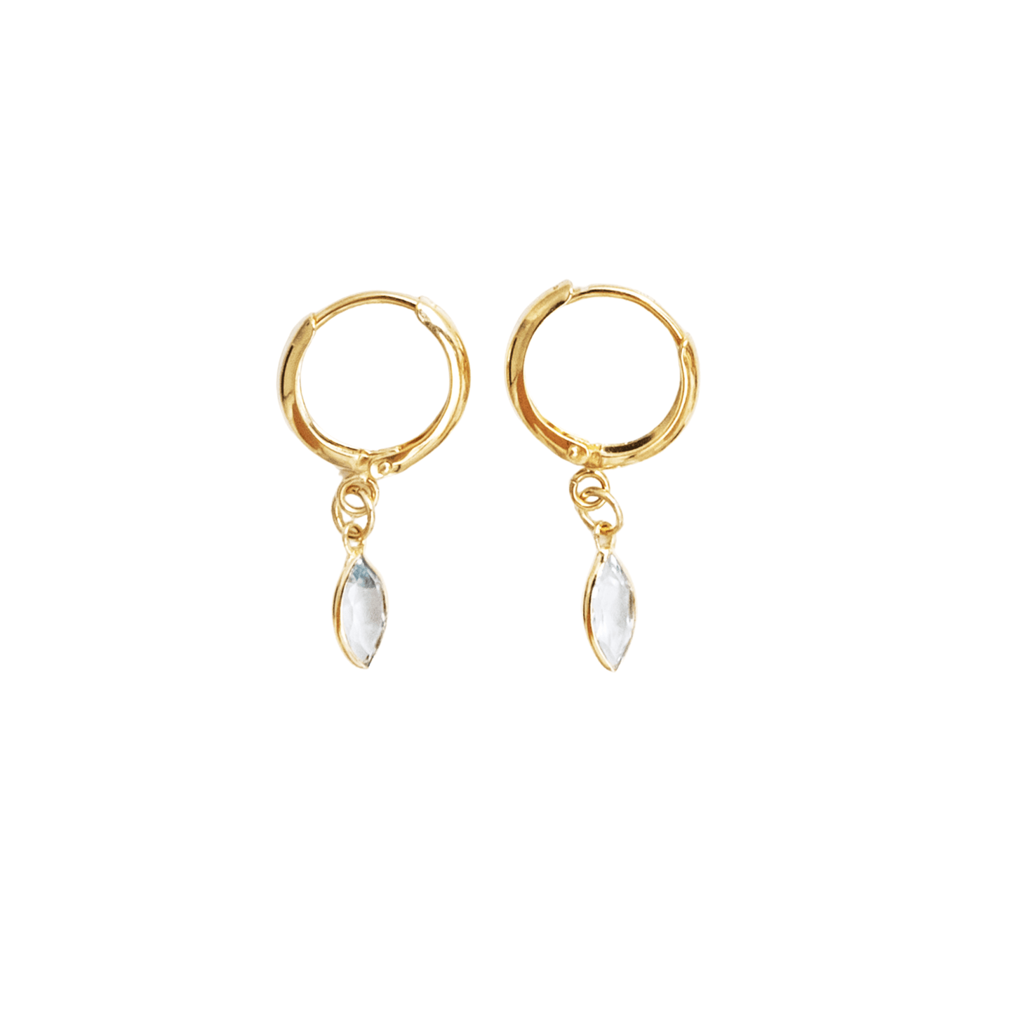 Gold hoop earrings with teardrop-shaped gemstones on a white background
