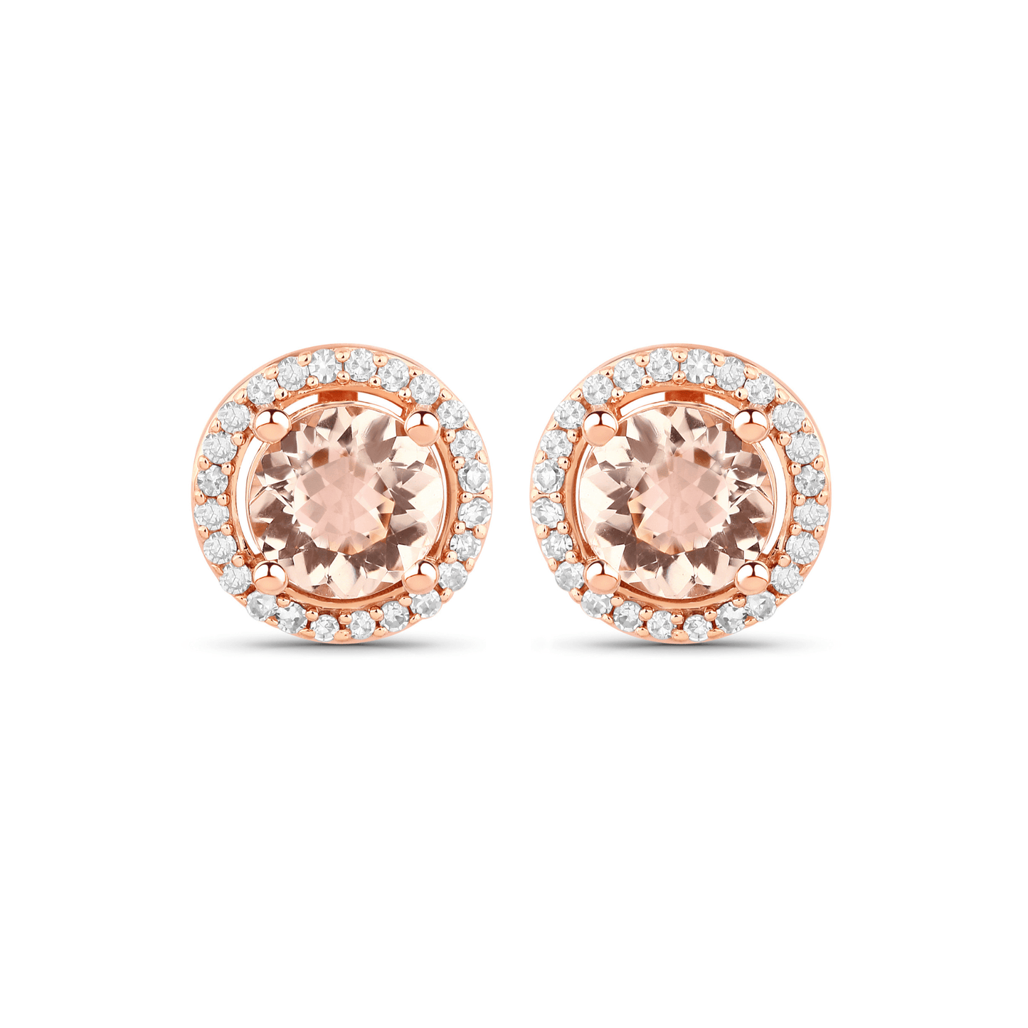 Pair of rose gold earrings with round gemstones on a white background