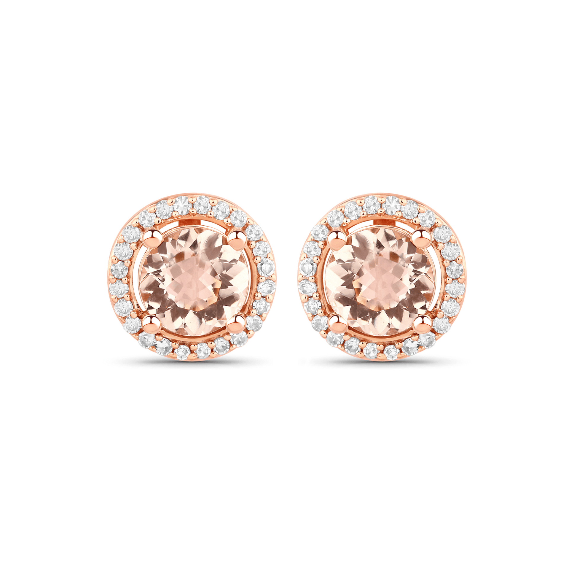 Pair of rose gold earrings with round gemstones on a white background