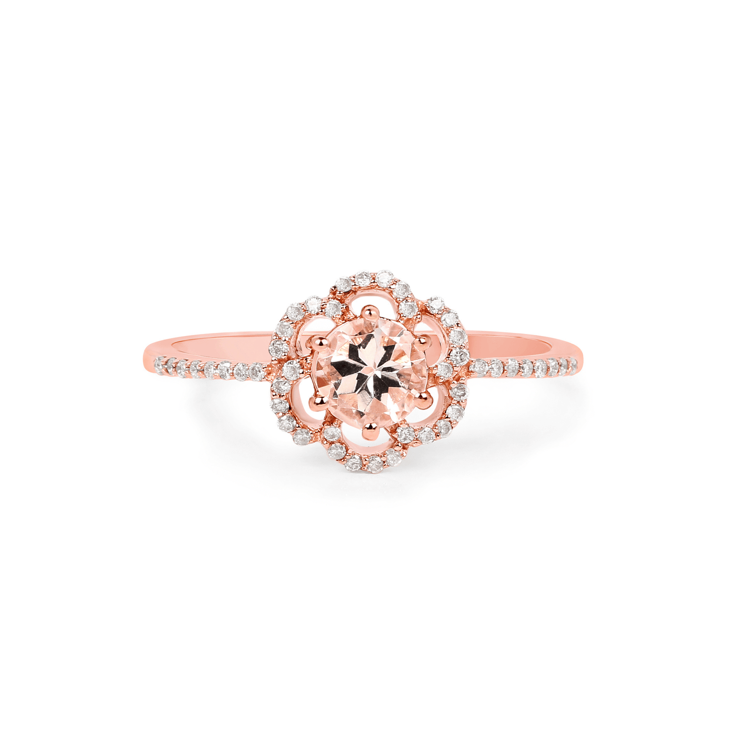 Rose gold ring with a diamond on a white background