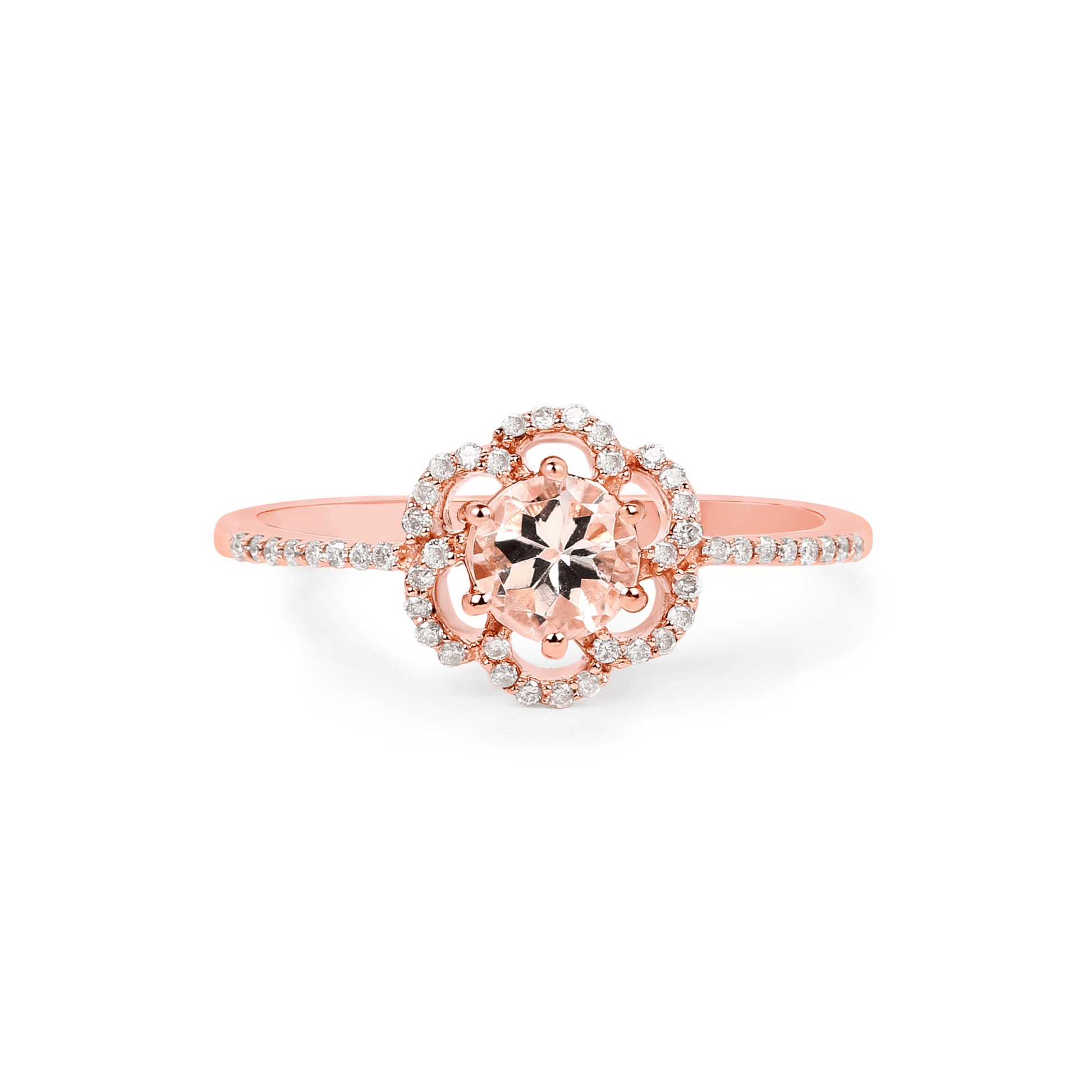 Rose gold ring with a diamond on a white background