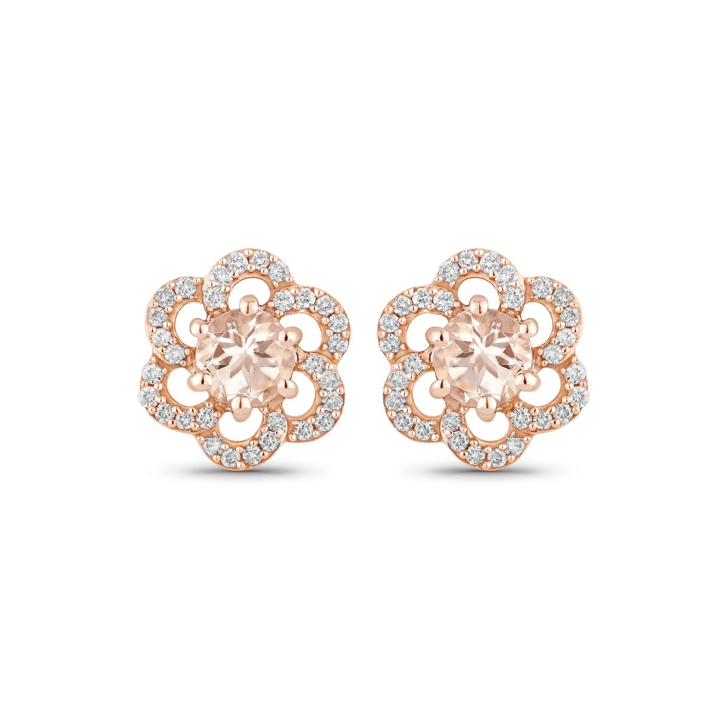 Rose gold floral earrings with clear gemstones on a white background