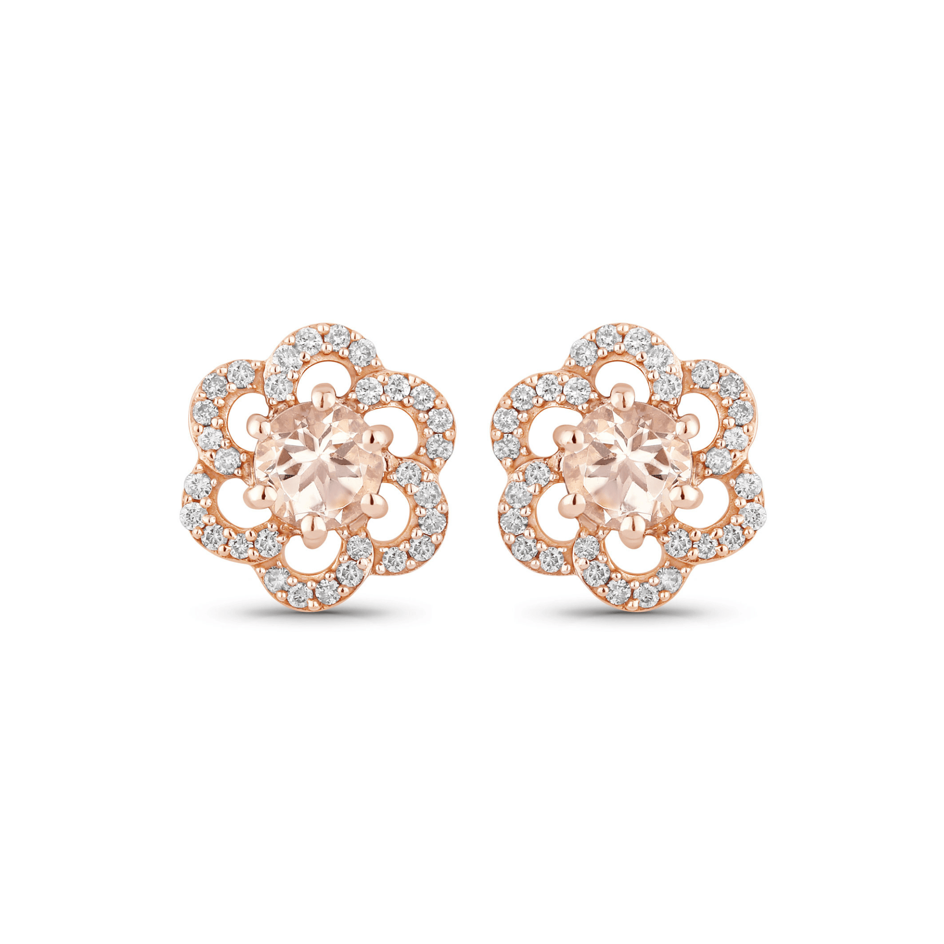 Rose gold floral earrings with clear gemstones on a white background