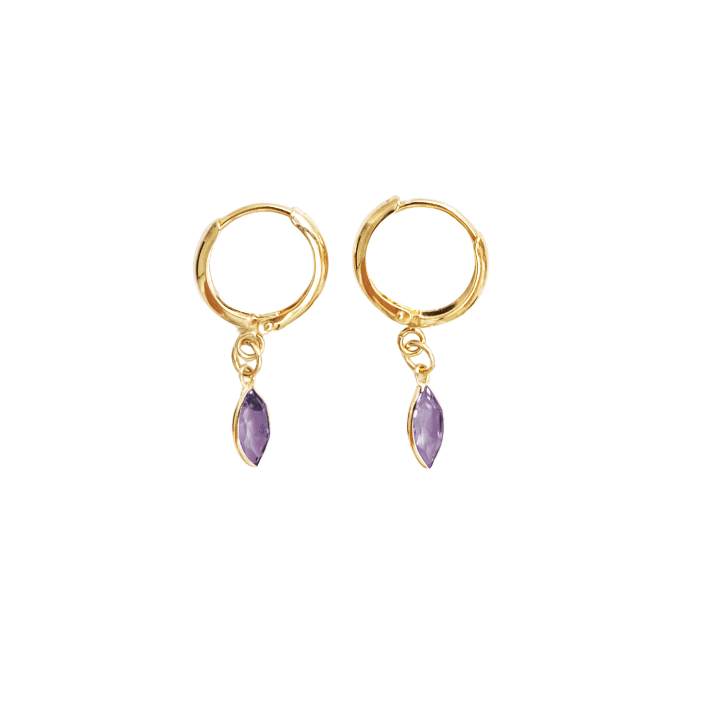 Gold hoop earrings with purple gemstones on a white background