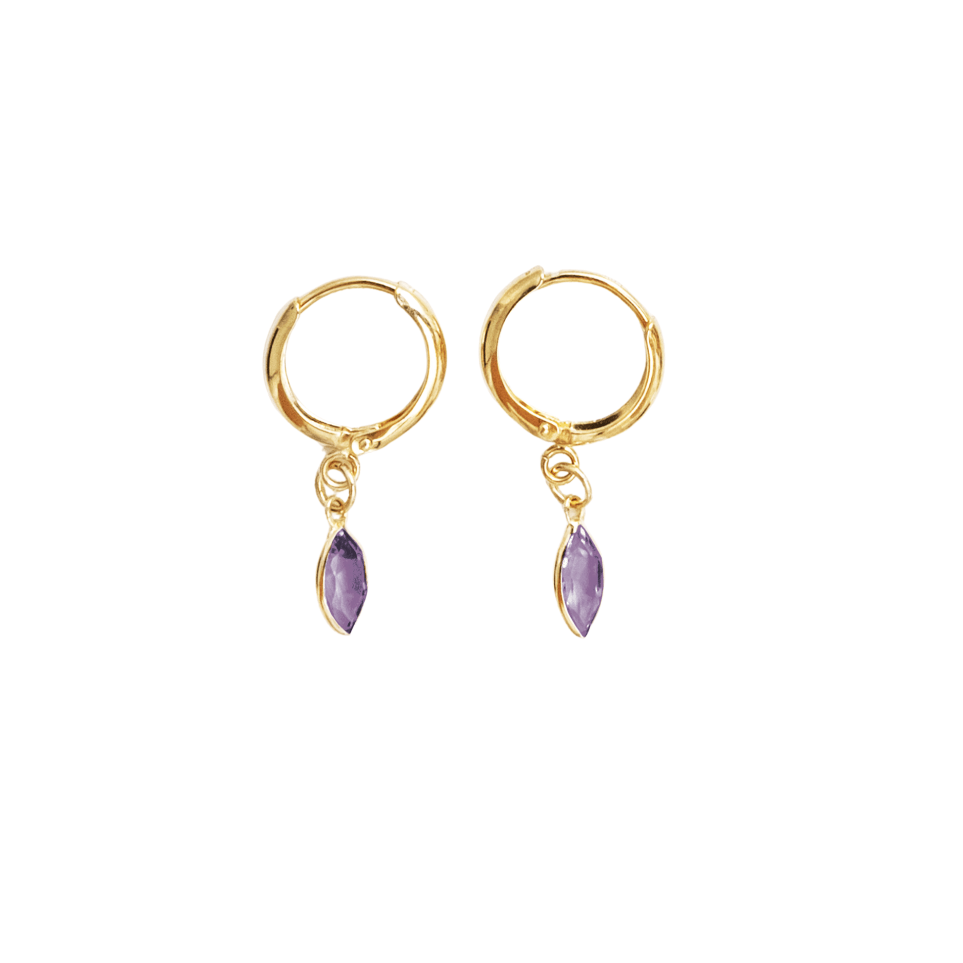 Gold hoop earrings with purple gemstones on a white background