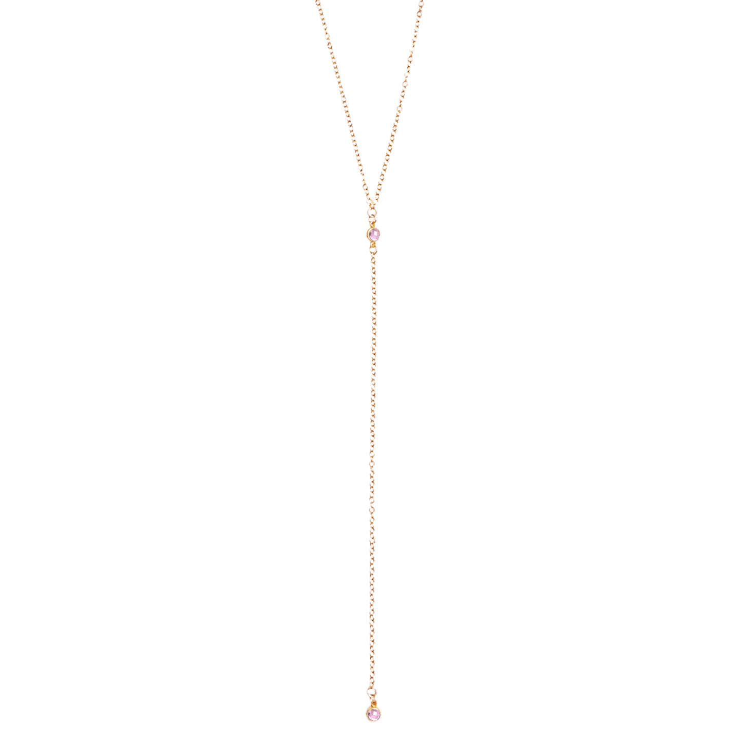 Gold necklace with small pink beads on a white background