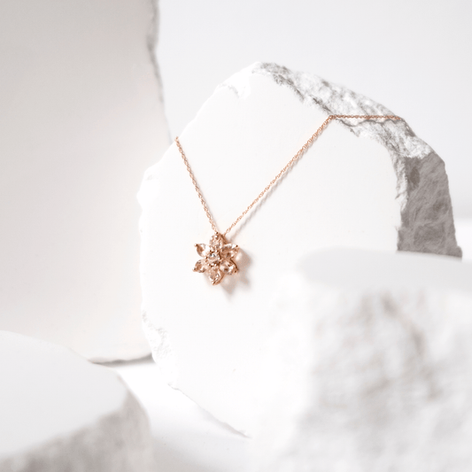 Rose gold necklace with a star-shaped pendant on a white background