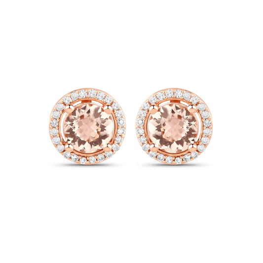 Pair of rose gold earrings with round gemstones on a white background