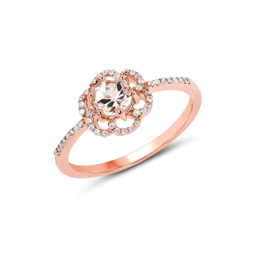 Rose gold ring with a central diamond and smaller diamonds on a white background