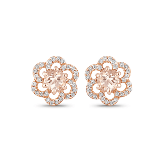 Rose gold floral earrings with clear gemstones on a white background