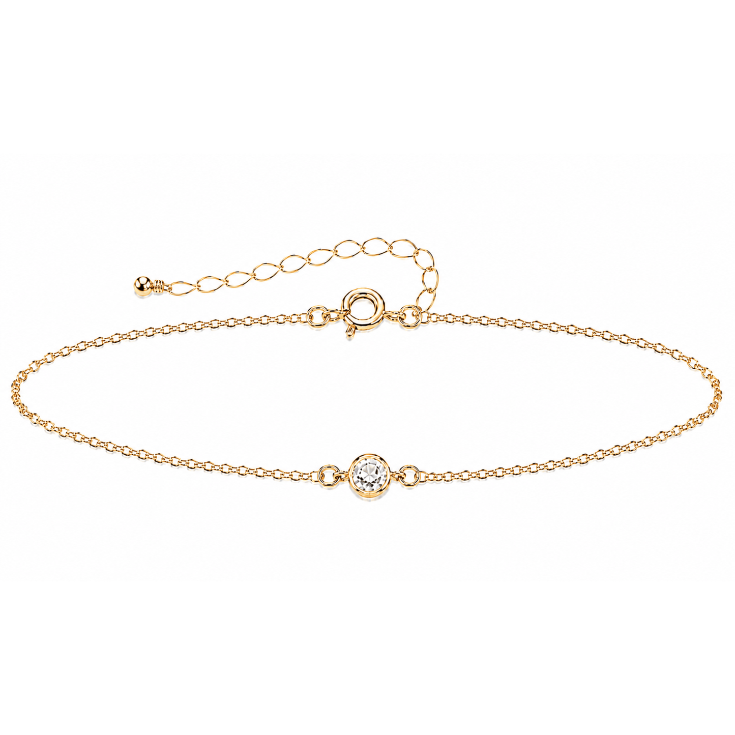 Gold bracelet with a small gemstone on a white background