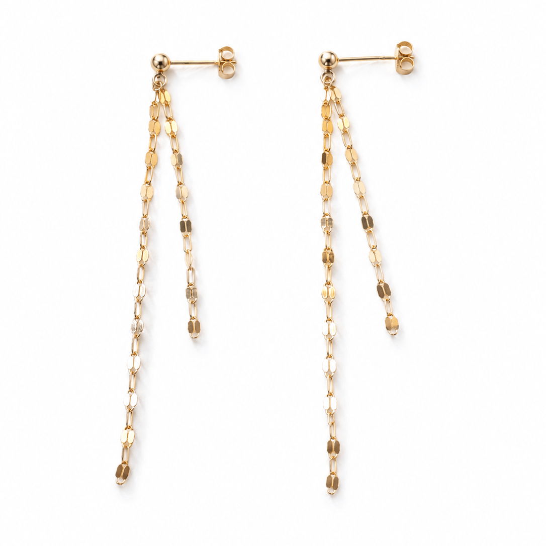 A pair of gold dangle earrings with a post-back design and two cascading chain strands featuring alternating polished and textured oval links, shown on a plain white background.