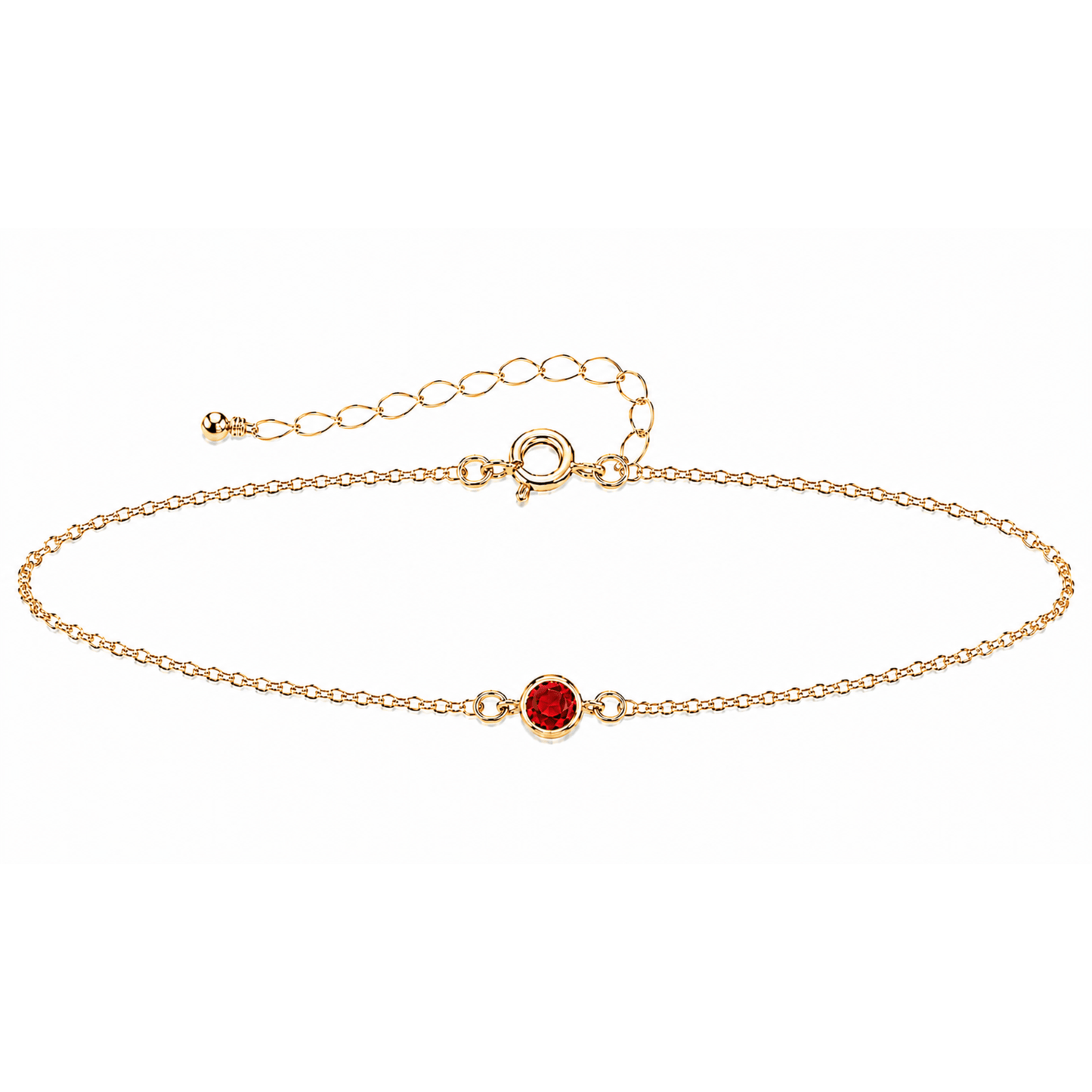 Gold bracelet with a small gemstone on a white background