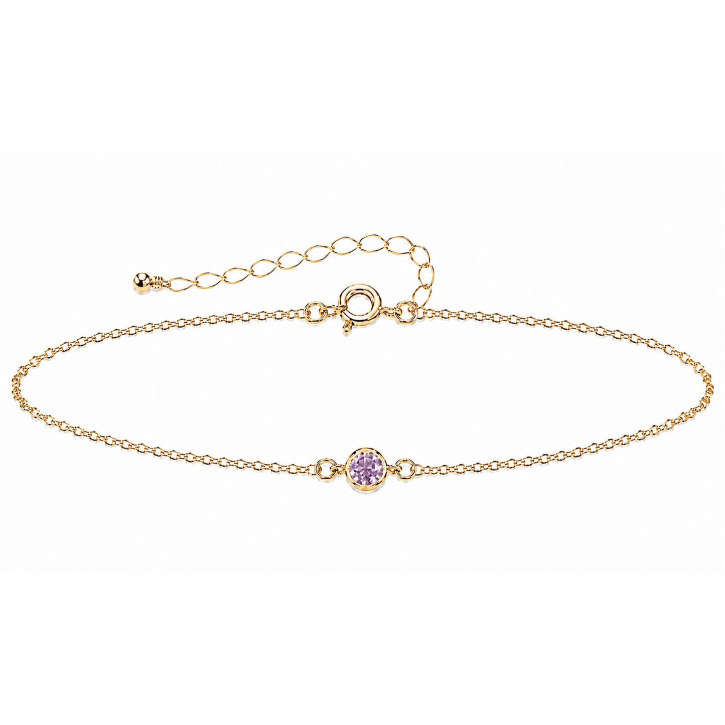Gold bracelet with a small gemstone on a white background