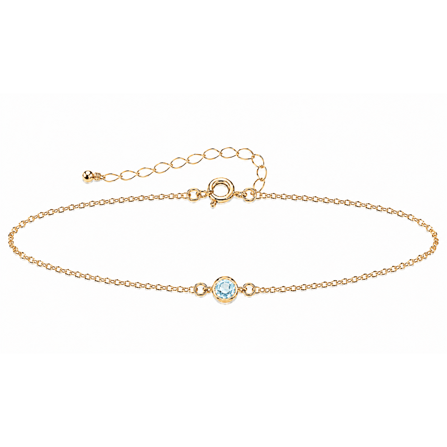 Gold bracelet with a small gemstone on a white background